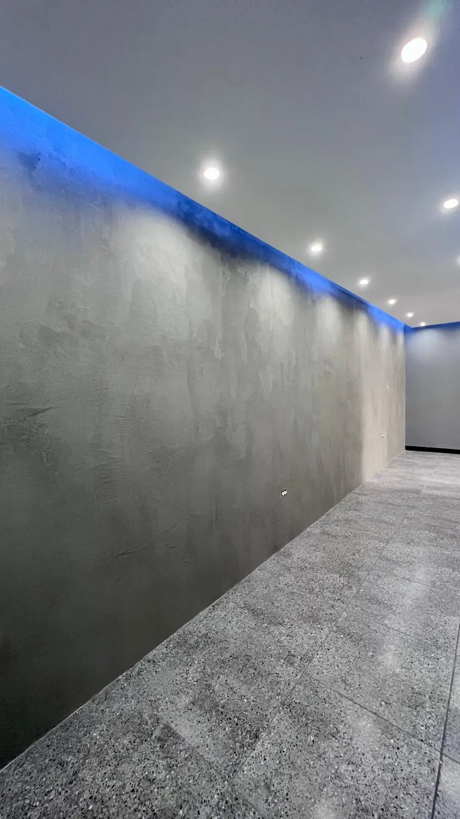 Pared comercial en cemento pulido con iluminación LED azul
