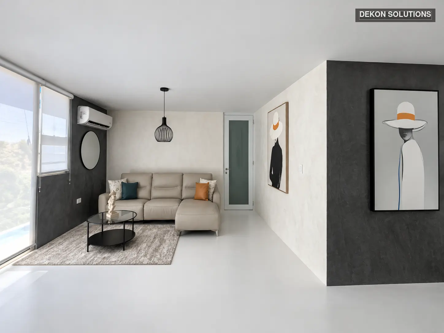Sala moderna con acabados decorativos en blanco y grafito