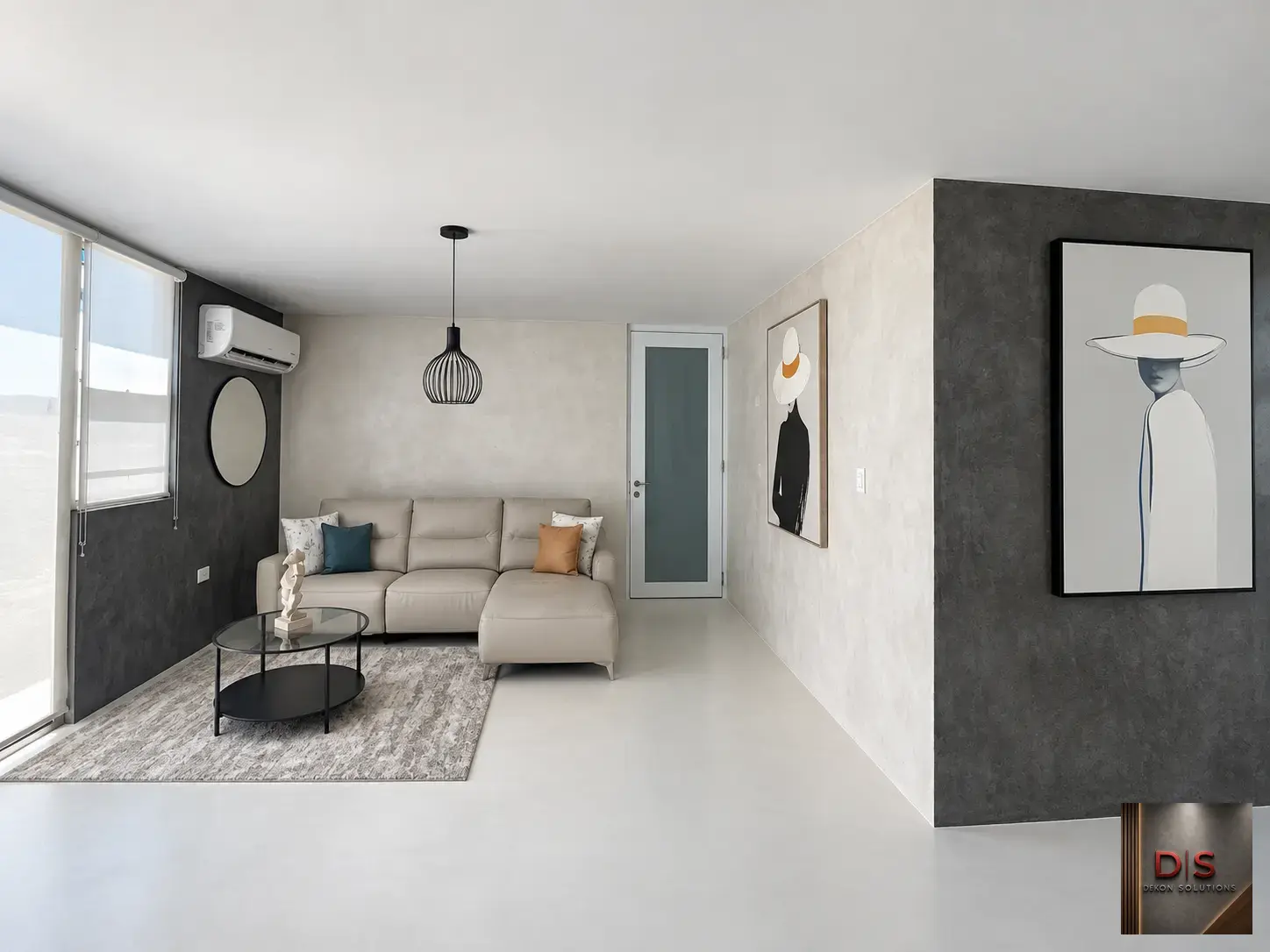 Sala contemporánea con paredes en cemento pulido claro y grafito